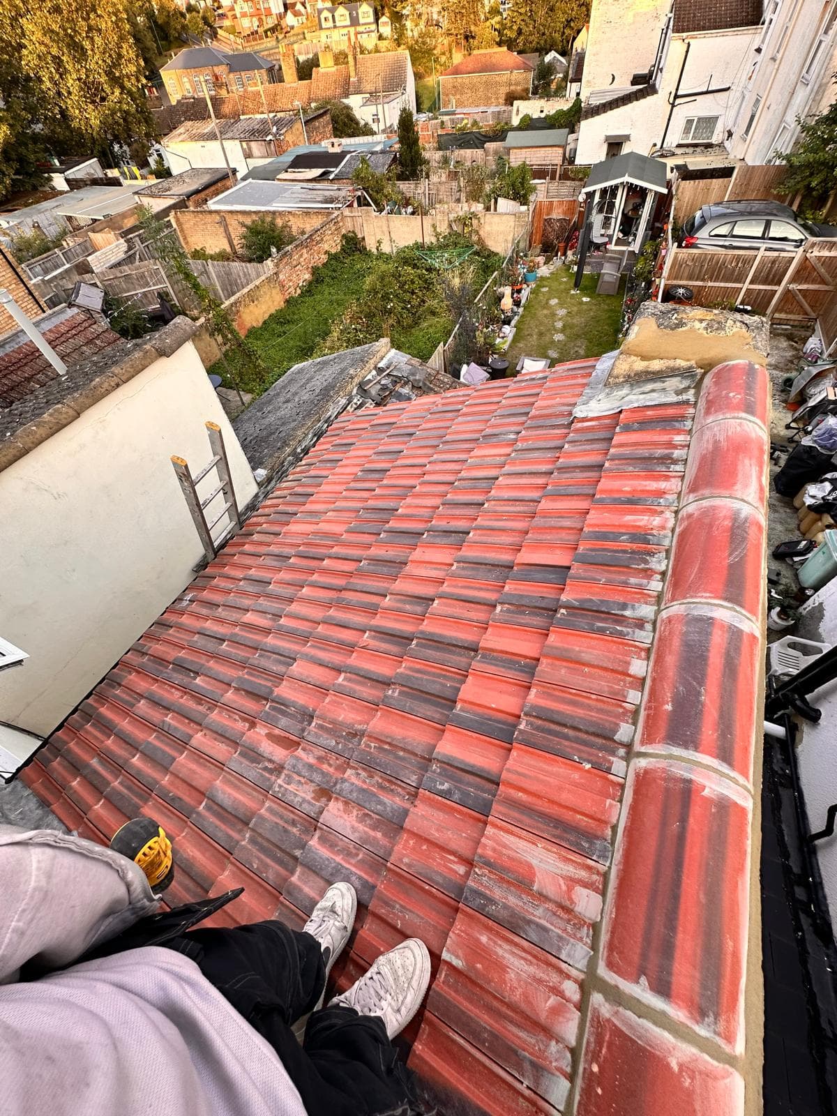 Red clay tile roof viewed from above